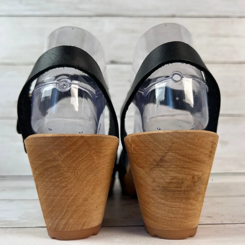 MIA Bety Sandals Womens 9M Black Leather Peep Toe Wooden Clogs Woven Adjustable - Picture 6 of 11